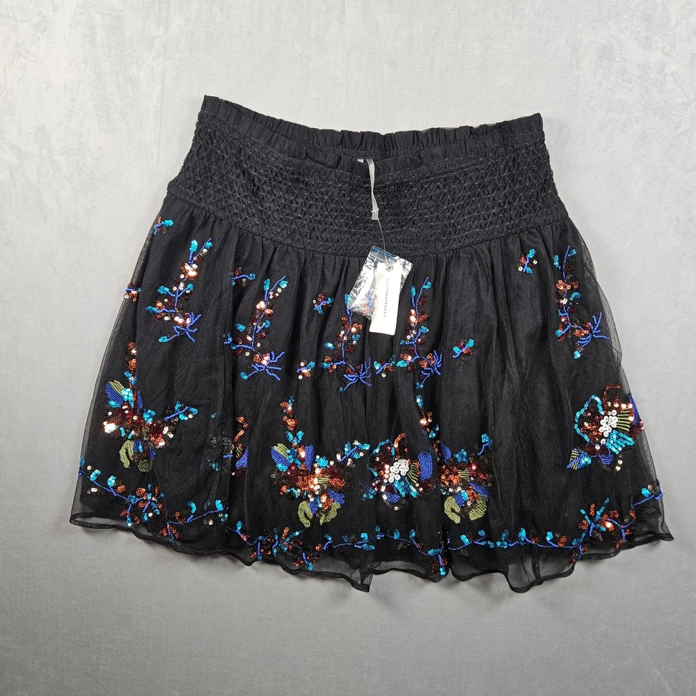 Anthropologie Mini Skirt Womens Large Black Sequin Beaded Embroidered Smocked